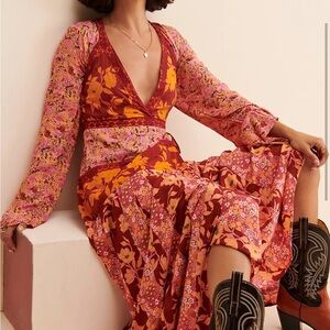 Free People Tulsa dress Red and Orange pink V-Neck Sundress boho
